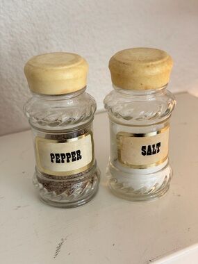 Vintage Glass Salt & Pepper Shakers Gold Label Mid Century Set